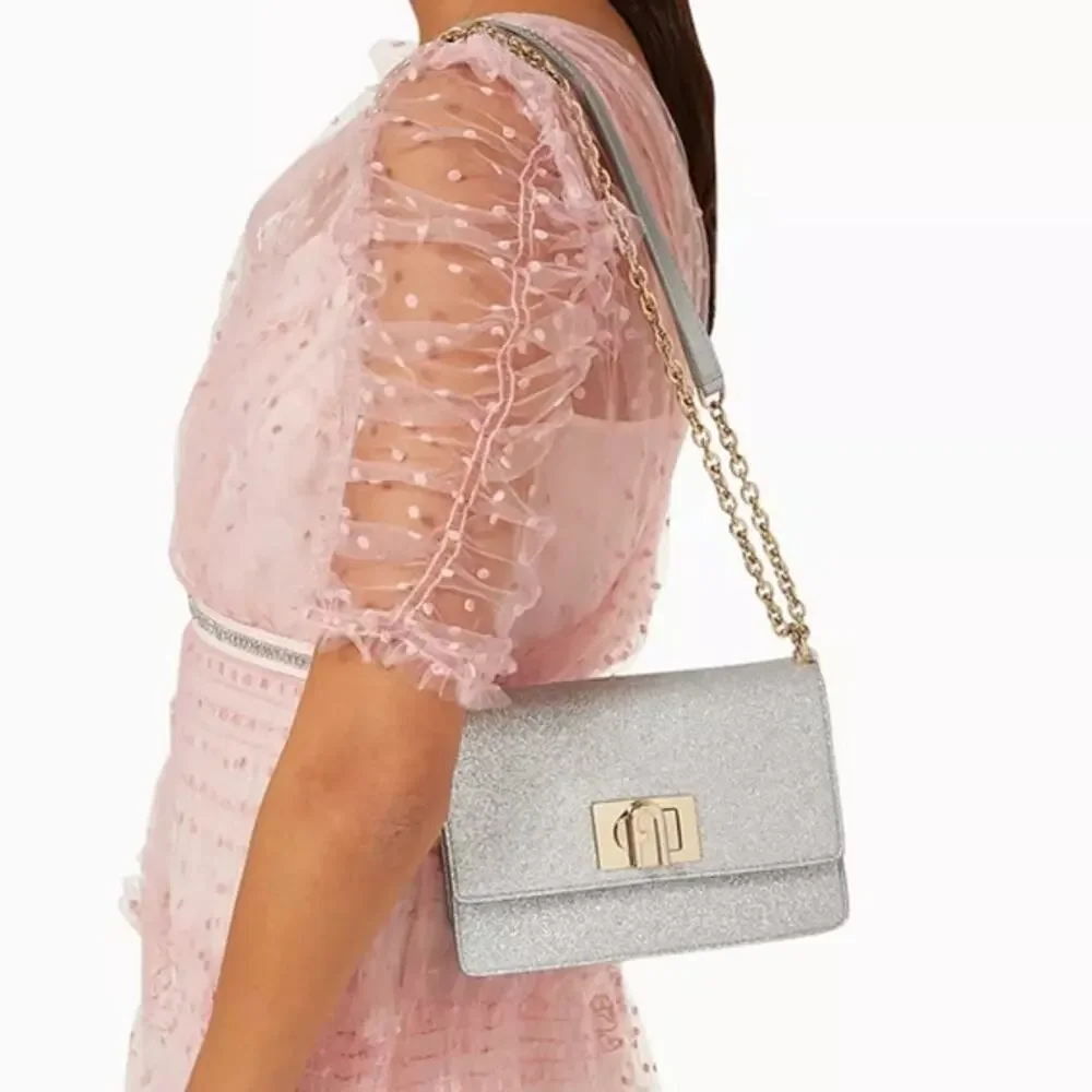 FURLA 1927 Glitter Embellished Chain Strap Mini Crossbody Bag Silver